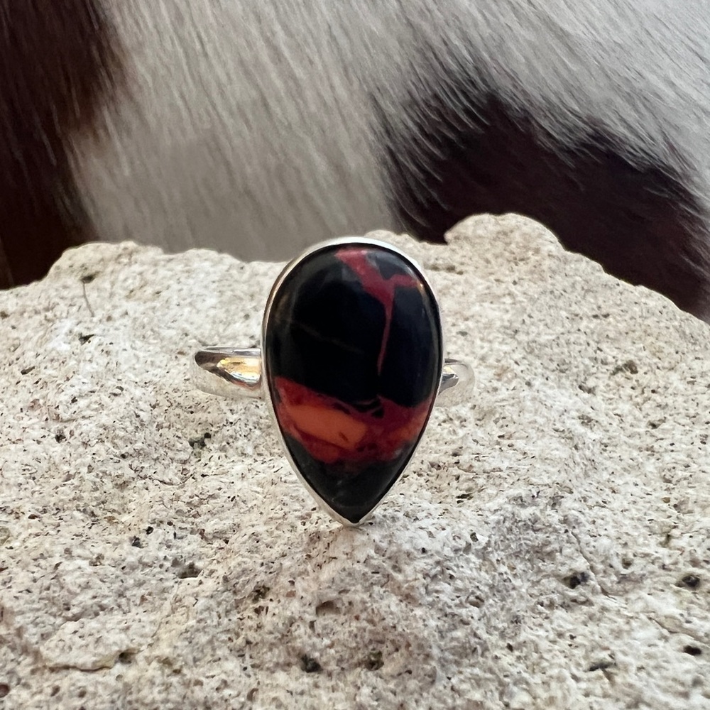 ❤️ Fire Dahlia Kingman Turquoise Teardrop Ring 925 Navajo Southwestern Size 7.75